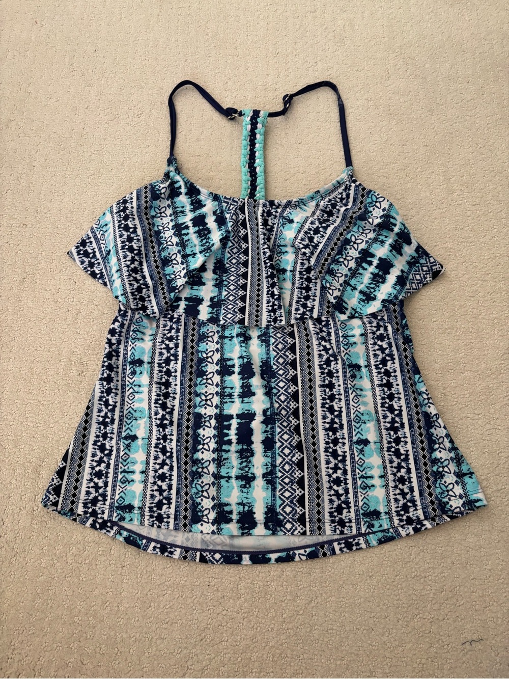 Women’s SO Blue & White Patterned Ruffle Swim Top Adjustable Spaghetti Strap